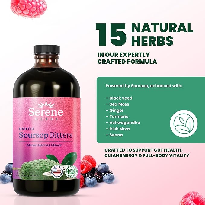 Soursop Bitters Liquid - Mixed Berry All-Natural Herbal with Black Seed, Moringa, Irish Moss & Ginger – Gut Support, Energy & Immune Boost – Vegan, Non-GMO – 16 oz