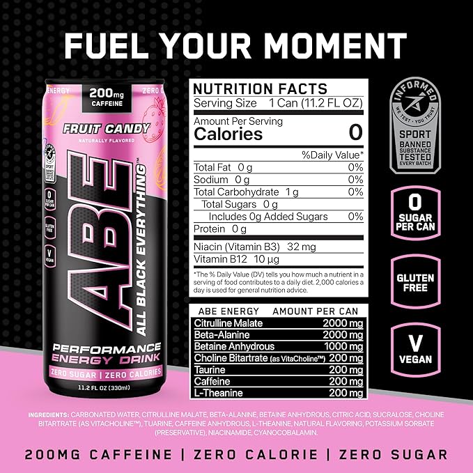 All Black Everything Sugar Free Energy Drink | Fruit Candy | 0 Calories | 12 Pack | 200mg Natural Caffeine | Pre-Workout Sport Drink for Men and Women