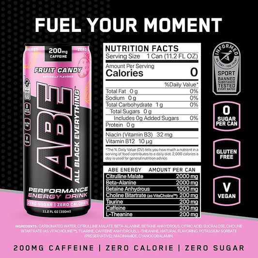 All Black Everything Sugar Free Energy Drink | Fruit Candy | 0 Calories | 12 Pack | 200mg Natural Caffeine | Pre-Workout Sport Drink for Men and Women