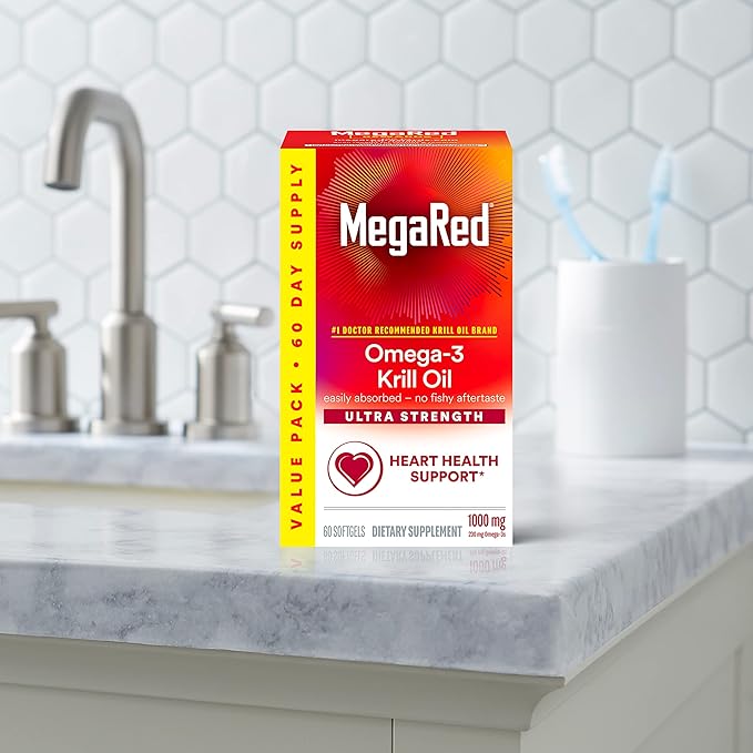 MegaRed Ultra Strength 1000mg Omega-3 Krill Oil Supplement with EPA/DHA, Astaxanthin & Phospholipids, No Fish Oil Aftertaste Supports Heart, Brain, Joint and Eye Health, 60 Count Softgels.