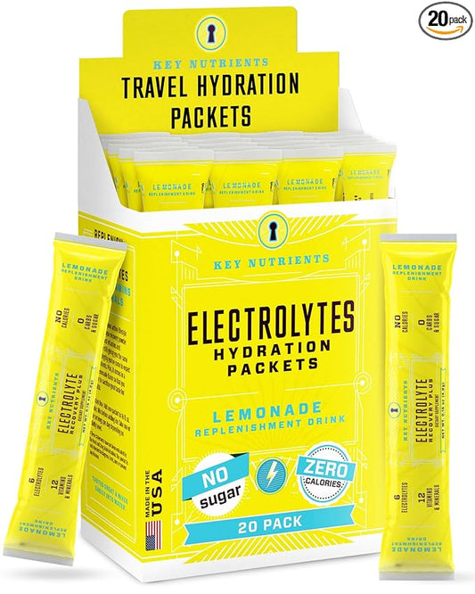 KEY NUTRIENTS Electrolytes Powder Packets 20 Pack - No Sugar, Refreshing Lemonade, Hydration Packets with Electrolyte Powder for Refreshing Electrolyte Drink Mix Packets - Zero Calories