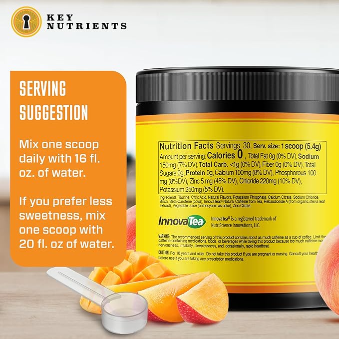 KEY NUTRIENTS Energy Drink Powder with Electrolytes No Sugar - Endurance & Energy Supplement - 125mg Natural Caffeine Powder, 2000mg Taurine, 5mg Zinc - Tropical Peach Mango Energy Powder Drink Mix