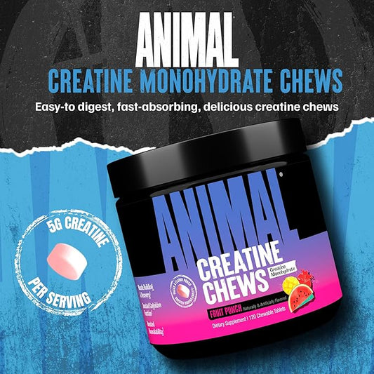 Animal Creatine Chews Tablets - Enhanced Creatine Monohydrate with AstraGin to Improve Absorption, Sea Salt for Added Pumps, Delicious and Convenient Chewable Tablets - Fruit Punch
