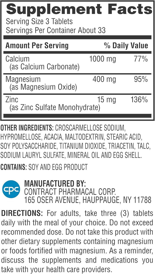 Earth's Splendor 1000 mg Calcium, 400 mg Magnesium, and 15 mg Zinc, Heart and Immune System Health, Bone and Muscle Support Supplement, 100 Tablets 1 + Month Supply