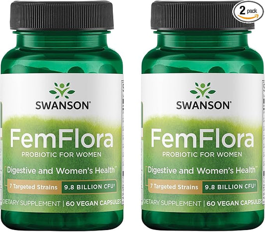 Swanson FemFlora - Feminine Probiotic Supplement Supporting Flora of The Mouth, GI Tract, and Vagina - Probiotics for Women with 9 Billion CFU Per Capsule - (60 Capsules) (2 Pack)