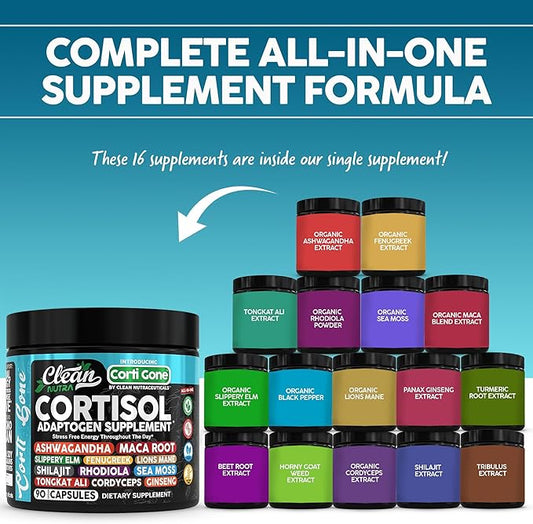 Corti Gone Cortisol Supplements For Women | Maca Root Ashwagandha Cortisol Detox Manager Reducer + Slippery Elm Fenugreek Lions Mane Shilajit Rhodiola Sea Moss Tongkat Ali Cordyceps Ginseng Beet Root