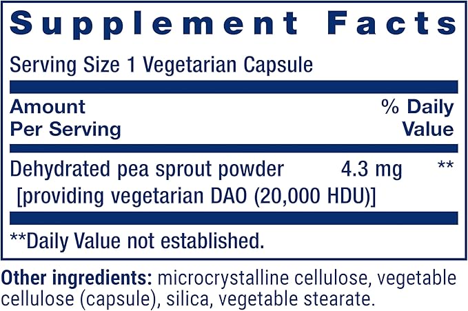 Life Extension Food Sensitivity Relief with Diamine Oxidase (DAO), Occasional Gas, Digestive Comfort, histamine Sensitivity, DAO Enzyme Supplement, Gluten Free, Non-GMO, Vegetarian, 60 Capsules