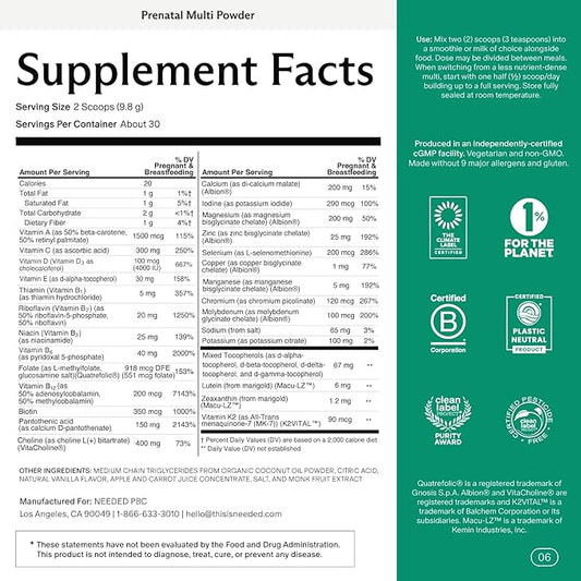 Needed. Vanilla Multivitamin Powder with Choline for Prenatal, Pregnancy, Breastfeeding, Postpartum | Expertly-Formulated & Third-Party Tested | 30-Day Supply
