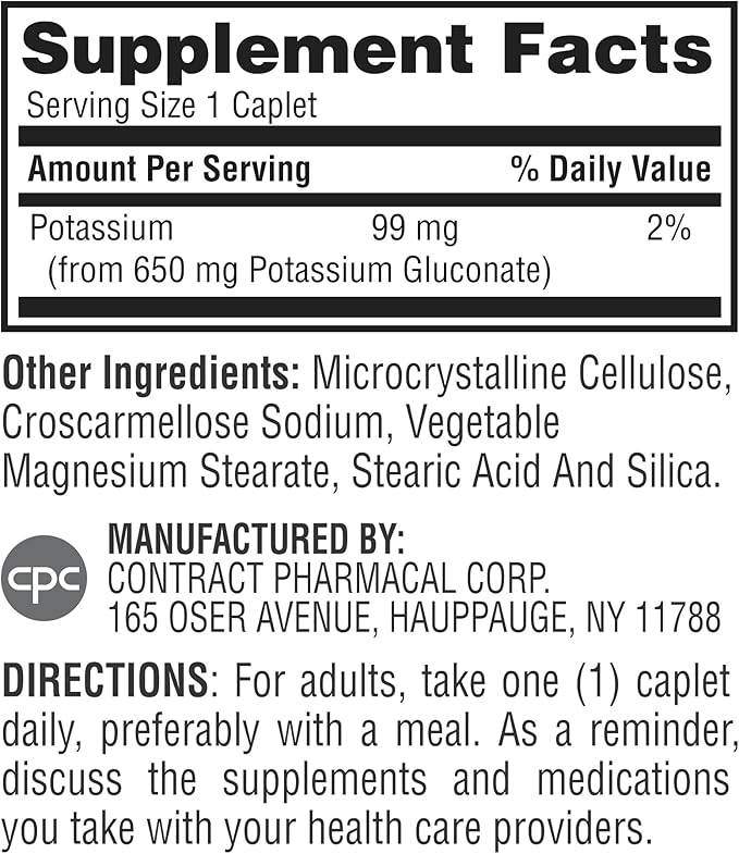 Earth's Splendor Potassium Gluconate 99mg Tablets - Supports Muscle and Nerve Health for Adults, 200 Count - 6+ Month Supply