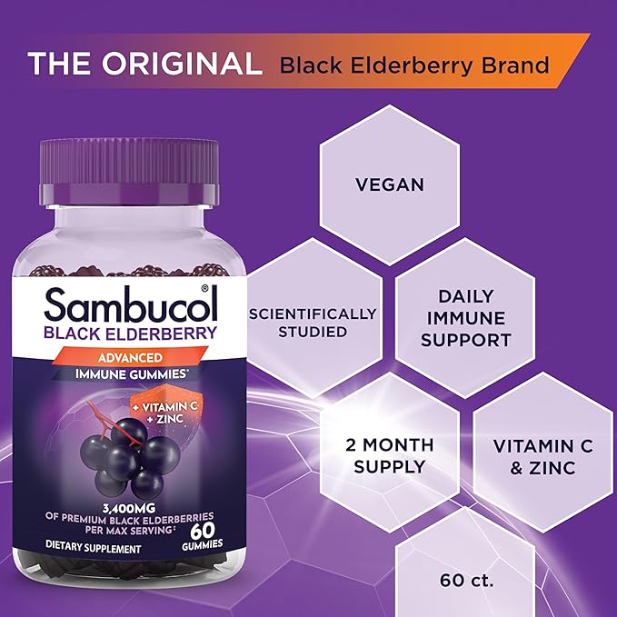 Sambucol Black Elderberry Gummies with Vitamin C & Zinc - Sambucus Elderberry Gummies for Immune Support, High Antioxidants, Gluten Free, Vegan, Elderberry with Zinc & Vitamin C for Adults - 60 Count