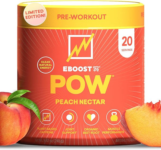 EBOOST POW Natural Pre Workout Powder - 20 Servings, Peach Nectar - Preworkout Energy Booster Gym Supplement Drink Mix for Men and Women - Performance, Joint Mobility Support - Gluten-Free