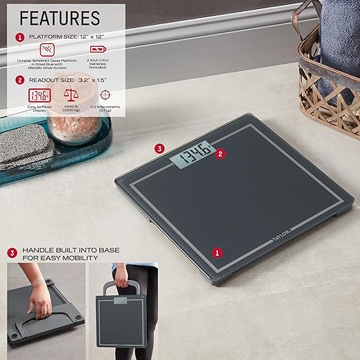 Taylor Digital Scale with Built-in Folding Handle, The Ultimate On-The-Go Portable Bathroom Scale for Body Weight, Convenient and Space-Saving Minimalist Scale, 440 lb Capacity, Steel Blue