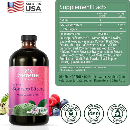 Soursop Bitters Liquid - Mixed Berry All-Natural Herbal with Black Seed, Moringa, Irish Moss & Ginger – Gut Support, Energy & Immune Boost – Vegan, Non-GMO – 16 oz