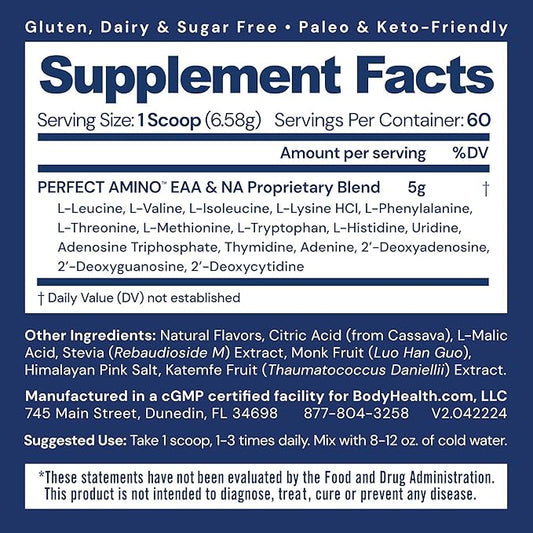 BodyHealth PerfectAmino Powder - BCAA and EAA Powder for Pre and Post Workout - Amino Acid Energy Drink for Men and Women to Support Lean Muscle and Recovery - Mixed Berry - 60 Servings