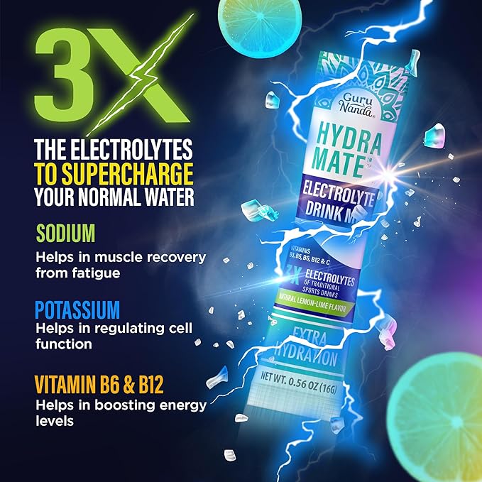 GuruNanda Hydramate Hydration Support Drink Mix - Electrolyte Powder Packets for Dehydration, Exercise & Energy - No Added Sweeteners, Non-GMO, Natural Lemon Lime Flavor - 12 Count (0.56 oz Each)
