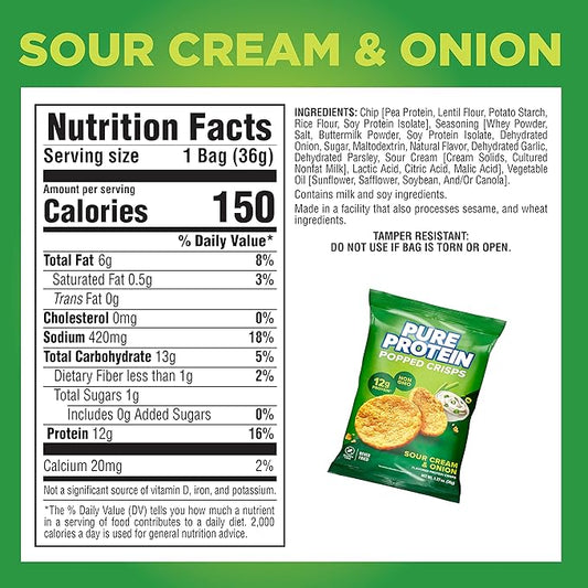 Pure Protein Popped Crisps, Sour Cream & Onion, High Protein Snack, 12G Protein, 1.27oz., 12 Count