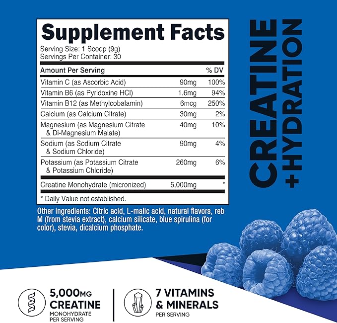 Nutricost Creatine Monohydrate + Hydration Blue Raspberry Flavored (30 Servings) - 7 Vitamins & Minerals, 5000mg of Creatine Per Serving