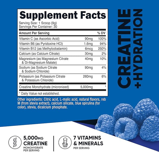 Nutricost Creatine Monohydrate + Hydration Blue Raspberry Flavored (30 Servings) - 7 Vitamins & Minerals, 5000mg of Creatine Per Serving