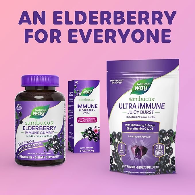 Nature’s Way Sambucus Ultra Immune Juicy Burst, Extra-Strength Formula(1), Immune Support*, Vitamins C & D3, Zinc, Elderberry Extract, 30 Berry Flavored Chews