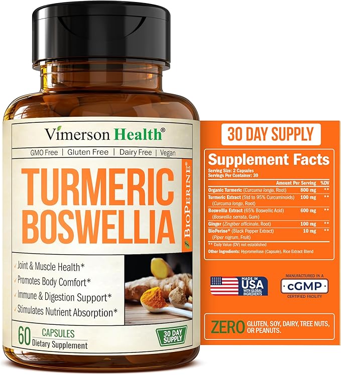 Turmeric Curcumin Supplement with Boswellia Serrata, Ginger Root, Organic Turmeric Powder & Black Pepper - 95% Curcuminoids Turmeric Supplement with Boswellia Extract - 60 Gluten Free Tumeric Capsules