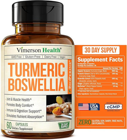 Turmeric Curcumin Supplement with Boswellia Serrata, Ginger Root, Organic Turmeric Powder & Black Pepper - 95% Curcuminoids Turmeric Supplement with Boswellia Extract - 60 Gluten Free Tumeric Capsules