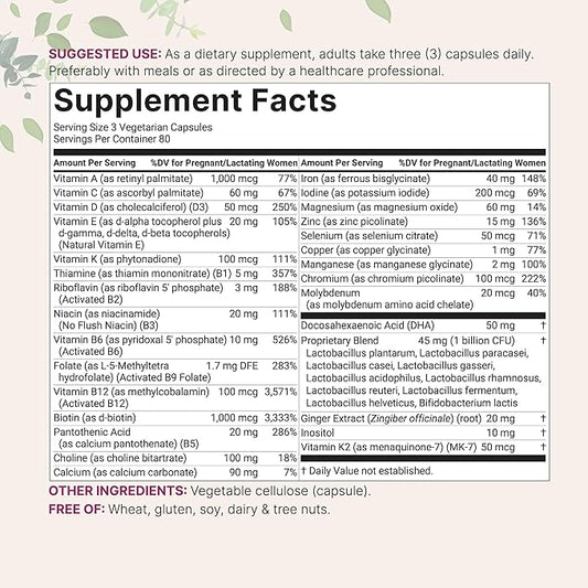 Pure Methylated Prenatal Vitamins for Women, 240 Veggie Capsules | 38 Vital Nutrients with DHA, Choline, Probiotics, Ginger, Inositol, & Vitamin A, C, D, B Complex + Methylfolate, & Iron | No Fillers