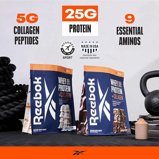 Reebok Whey Protein Powder + Collagen Peptides | 25g Protein with 9 Essential Amino Acids | Muscle Recovery, Joint & Gut Support | Informed-Sport Certified | ReeBuild Chocolate Fudge Flavor, 1.3 lb