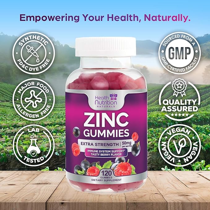 Zinc Supplement 50mg Gummies for Adults - Max Strength Skin Health & Immune Support Gummy, Vegan, Non-GMO & Gluten Free, Nature’s Antioxidant & Bone Health Chewable Tasty Berry Flavor - 120 Gummies