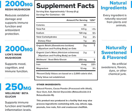 LEGION Elevate Mushroom Supplement Powder - Mushroom Blend of Lions Mane Powder, Reishi Powder & Beta-Glucan- Mushroom Powder to Boost Immune System, Mood & Performance Dutch Chocolate (30 Servings)