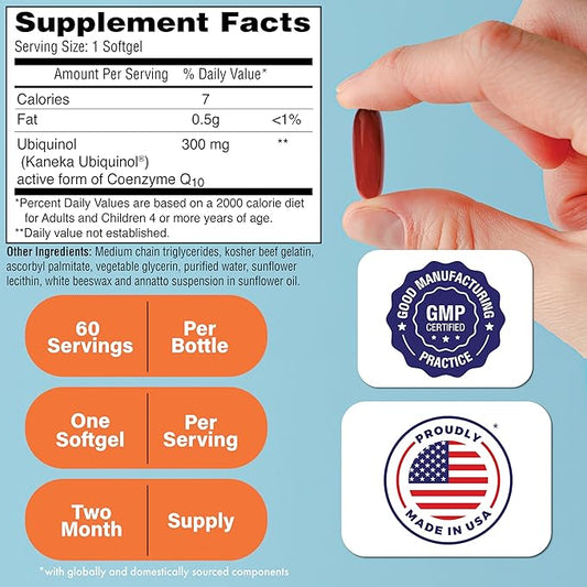 Health Thru Nutrition Ubiquinol 300mg 60 Softgels as Kaneka QH Reduced CoQ-10 | Stabilized - 3rd Party Tested | Enhanced Bioavailability | Cardiovascular & Mitochondria Function Support | Non-GMO