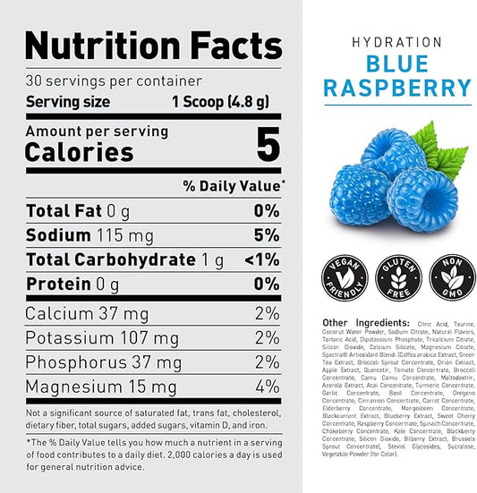 Kaged Hydration Electrolytes Powder | Blue Raspberry | Hydra-Charge Sports Drink Mix | Pre, Post, Intra Workout | Low Carb, Vegan, Gluten Free | Supplements for Men & Women | 30 Servings