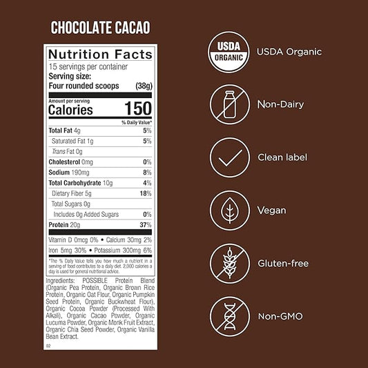 Possible Protein Powder Chocolate Cacao - 20g of Vegan, Plant-Based Protein Mix - Non-GMO, Non-Dairy, Gluten-Free - 3.5g of BCAAs - 9 Essential Amino Acids - 15-Day Supply - 1 Bag, 15 Servings