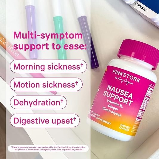 Pink Stork Vitamin B6, Ginger, Electrolyte Capsule - GLP1 Support - Natural Digestive Support with Peppermint, Potassium, Magnesium - Gentle on The Stomach - Motion Sickness Must Haves - 60ct