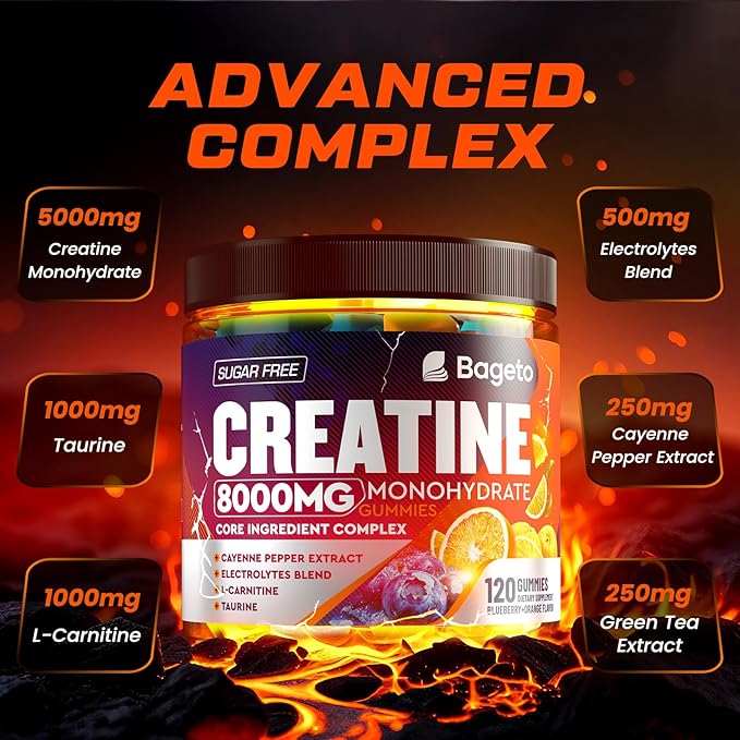 Creatine Monohydrate Gummies Complex 8000mg for Men and Women, Flavored and Chewable Creatine with Taurine, L-Carnitine, Electrolyte for Muscle Growth, Strength & Energy, 120pcs Pre Workout Gummies