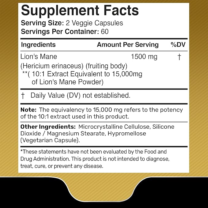 Lions Mane Supplement Capsules - 120 Count - Mushroom Supplement, Brain Supplements for Memory and Focus, Lion's Mane Mushroom Capsules Organic - Cognitive and Immune Support, Focus Supplement