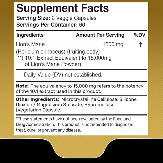 Lions Mane Supplement Capsules - 120 Count - Mushroom Supplement, Brain Supplements for Memory and Focus, Lion's Mane Mushroom Capsules Organic - Cognitive and Immune Support, Focus Supplement