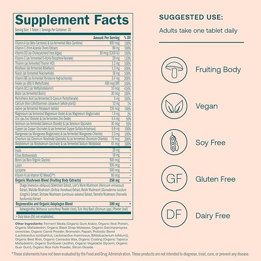 True Grace One Daily Women’s Multivitamin 40+ Fermented Minerals, Organic Adaptogens & Mushrooms Energy, Immune, Bone Support - Non-GMO - Iron, Gluten & Soy Free - 30 Vegan Tablets