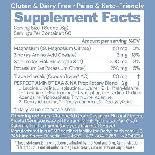 BodyHealth PerfectAmino Electrolyte Powder No Sugar, Hydration Fasting Keto Zero Sugar Electrolytes Drink Mix with Trace Minerals - Lemon Lime - 60 Servings