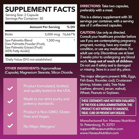 Saw Palmetto for Women with Biotin 5000mcg - Powerful DHT Blocker to Support Hair, Skin, and Nail Health - 60 Count - Vegan, Non-GMO Vitamin for Stronger, Fuller Looking Locks - 1 Month Supply