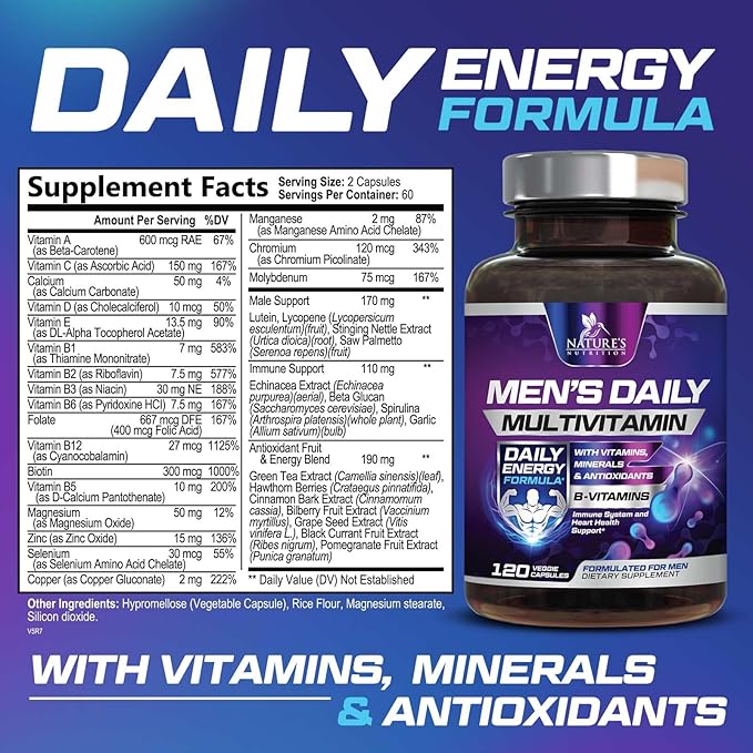 Multivitamin for Men - Vitamin A, C, D, E, Zinc, Calcium, Multivitamins for Immune Health Support, Vitamin B12, Men’s Daily Multivitamin Supplement Capsules, Non-GMO Mens Multi Vitamins - 120 Capsules
