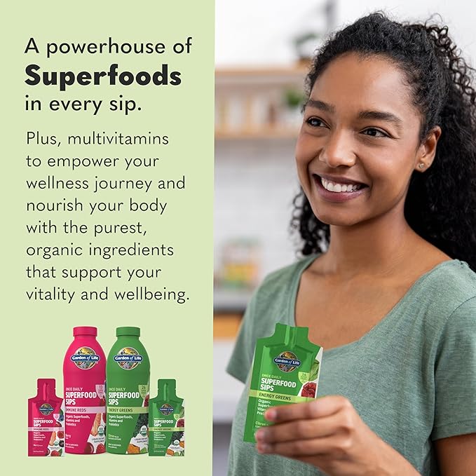 Garden of Life Superfoods Sips Pouches, Vitamins, Probiotics, 26 Organic Superfoods, Energy Greens, Functional Mushrooms, Once Daily, Organic, Vegan, Preservative-Free, Citrus Flavor, 12 Servings