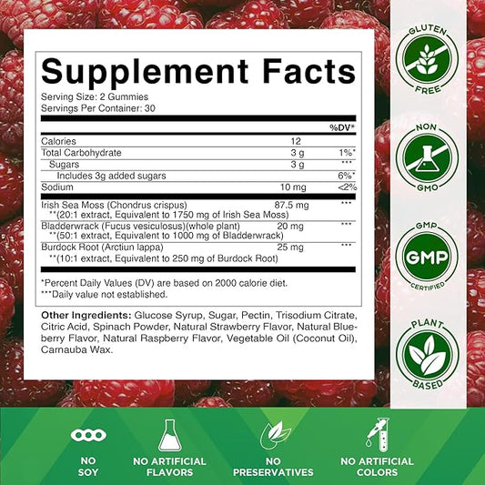 Vitamatic Irish Sea Moss Gummies – 3000mg Equivalent Per Serving (from Extract 132.5mg) – 60 Ct Made with Bladderwrack & Burdock Root – Seamoss Supplement for Thyroid, Energy & Immune Support
