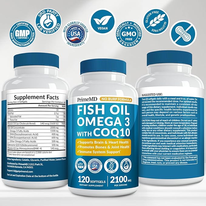 5-in-1 Fish Oil Omega 3 Fatty Supplements (2100mg) - Omega 3 Fish Oil with Vitamins D3 K2 and CoQ10 - Lemon Flavored (120 softgels)