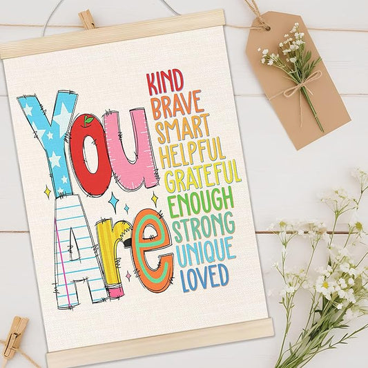 Welshower Boho Classroom Poster Hanger Frame, You Are Kind Brave Smart Motivational Positive Affirmations Wall Art Prints Decor for Kids Nursery Toddler Room Bedroom Classroom Playroom, 12x16 Inch
