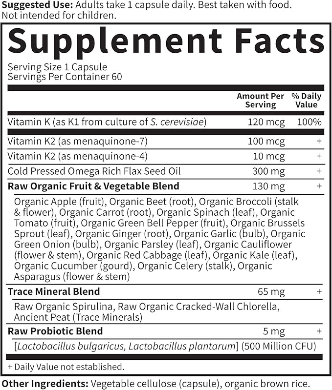 Vitamin K2 and K1 by Garden of Life, Vitamin Code Vegan K Complex Vitamin for Bone Strength and Heart Health, Omega Rich Flax Seed Oil, Trace Minerals, Probiotics, 60 Day Supply
