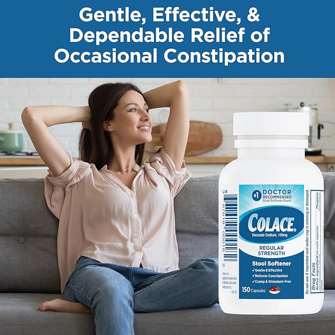 Colace Regular Strength Stool Softener for Gentle Effective Constipation Relief, No. 1 Doctor Recommended Stool Softener Brand, 100 mg Docusate Capsules, 150 Count