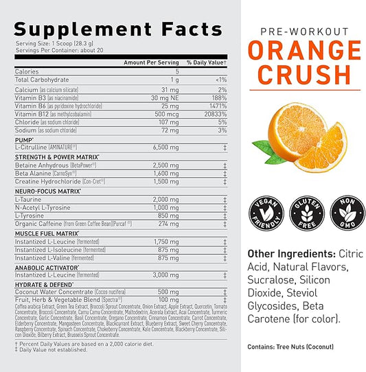 Kaged Original Pre Workout Powder | Orange Crush | Pre-Workout with Creatine, Beta Alanine, L-Citrulline, BCAAs | 274 mg Organic Caffeine | Pre Supplements for Men & Women | 20 Servings