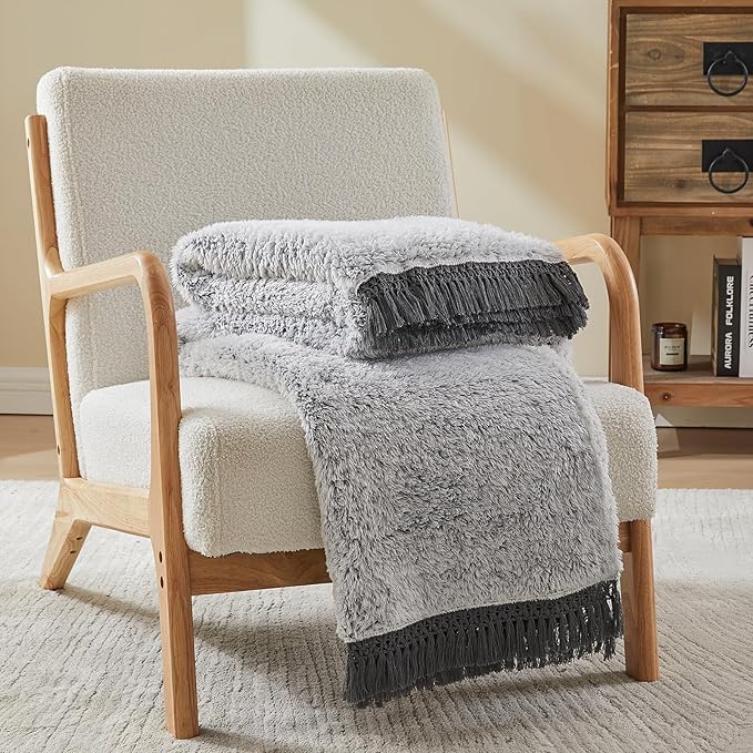 EMME Fuzzy Blanket Soft Fleece Throw Blankets for Women, Fluffy Sherpa Throws(Tassel Grey,90"x90")