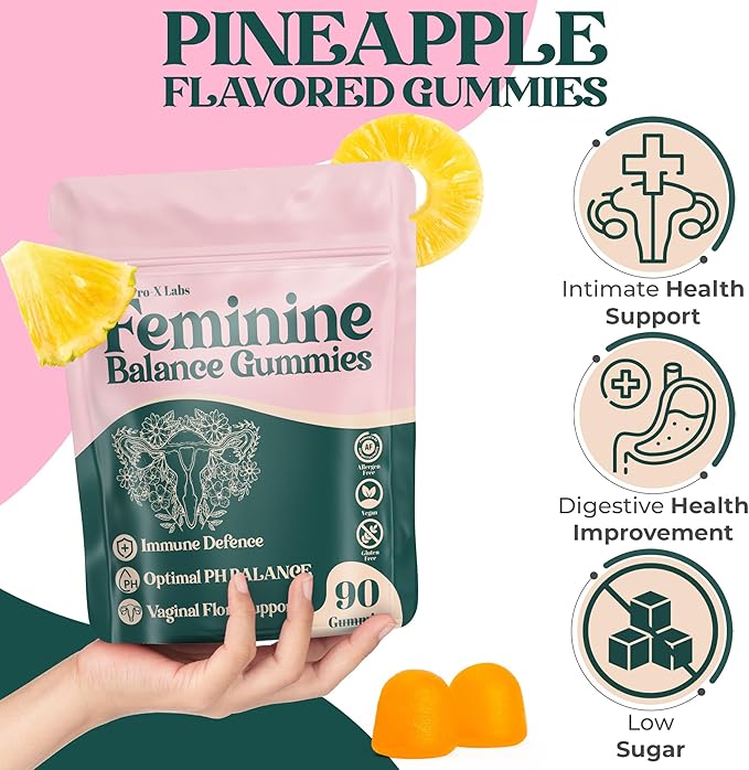 Premium Feminine Balance Gummies for Women’s - Hawaiian Pineapple Gummies for Women pH, 4-in-1 Benefits Includes pH Balance, Healthy Odor, Flora and Immune Support -90 Count (Vegan & Gluten-Free)