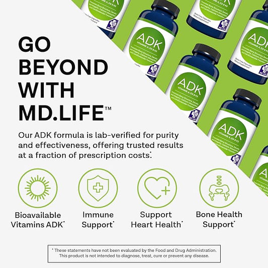 MD Life ADK Vitamin Supplement With Vitamin D3, K2 & A - 90 Capsules - Supports Bone & Heart Health - High Potency ADK Complex